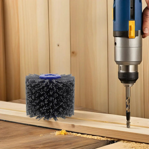 Premium Nylon Buffing Wheel For Wood Doors And Furniture With 60 Grit on a wood surface beside a drill for polishing projects.