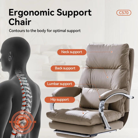 Reclining Office Chair With Footrest, Ergonomic High Back PU Leather Swivel Desk Chair With Wheels, Lumbar Support, Khaki