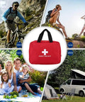 Portable Red Grab And Go First Aid Kit for camping, travel, and outdoor activities with bandages and gauze displayed.