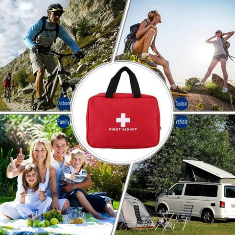 Portable Red Grab And Go First Aid Kit for camping, travel, and outdoor activities with bandages and gauze displayed.
