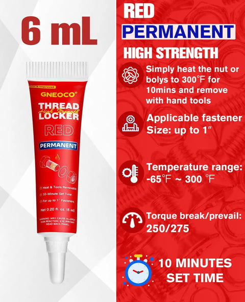 6ml tube of red thread locker with high-strength permanent bond for automotive machinery DIY projects, product details visible