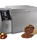 This Electric Coffee Roaster Works Wonders In Any Home Kitchen delivering even heat, showing a stainless steel design with coffee beans.
