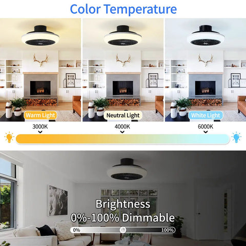 Low Profile Bladeless Ceiling Fan With Light 18 Inch showing 3 color temperature options and dimmable brightness in living room.