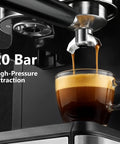 Level Up Your Daily Coffee Drip With This Pro Espresso Machine And Built In Grinder Featuring 20 Bar Pressure A Milk Frother Steam Wand And Spacious 60 Oz Tank For Barista Level Sips At Home. Close-up of espresso extraction at 20 bar pressure into a clear glass cup.