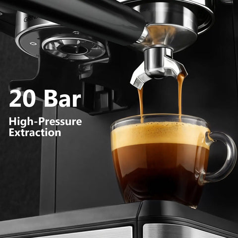 Level Up Your Daily Coffee Drip With This Pro Espresso Machine And Built In Grinder Featuring 20 Bar Pressure A Milk Frother Steam Wand And Spacious 60 Oz Tank For Barista Level Sips At Home. Close-up of espresso extraction at 20 bar pressure into a clear glass cup.