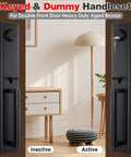 Beefy Heavy Duty Keyed And Dummy Handleset For Dual Door Entry In Pewter Finish With Keyed Alike Left And Right Handed Levers Built To Last Adjustable Backset 60mm To 70mm And Five And A Half Inch Hole Spacing shown in room setting