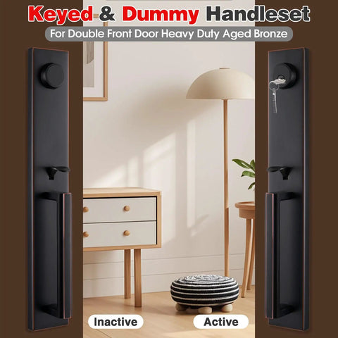 Beefy Heavy Duty Keyed And Dummy Handleset For Dual Door Entry In Pewter Finish With Keyed Alike Left And Right Handed Levers Built To Last Adjustable Backset 60mm To 70mm And Five And A Half Inch Hole Spacing shown in room setting