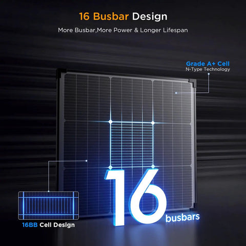 Premium 50 Watt Solar Panel Featuring Advanced N Type Cells And A Solid 25% Conversion Rate showcasing 16 busbar design for efficiency.