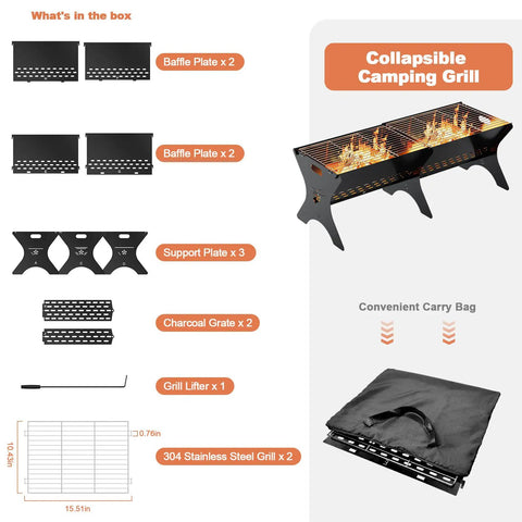 Diagram showing components of Two Pack Portable Folding Charcoal Grill Set For Camping And Backyard Barbecues