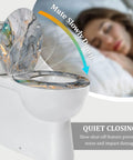 Elongated Toilet Seat for Home Replacement with marble design, 14.5" x 18.5", features quiet closing mechanism.