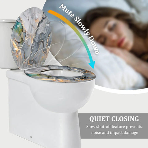 Elongated Toilet Seat for Home Replacement with marble design, 14.5" x 18.5", features quiet closing mechanism.