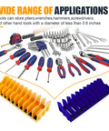 Two Pack Must Have Pliers Organizer Rack With Ten Slot Holder Extendable Drawer Storage Accessory With Non Slip Rubber Base Fits Three Inch Tools Pliers Screwdrivers Wrenches For Garage Or Workshop Blue Yellow with various tools displayed above.
