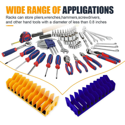 Two Pack Must Have Pliers Organizer Rack With Ten Slot Holder Extendable Drawer Storage Accessory With Non Slip Rubber Base Fits Three Inch Tools Pliers Screwdrivers Wrenches For Garage Or Workshop Blue Yellow with various tools displayed above.