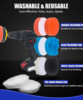 Drill polishing kit with 3-inch hook-and-loop pads: orange coarse, blue medium, white/black fine, plus white wool pad.