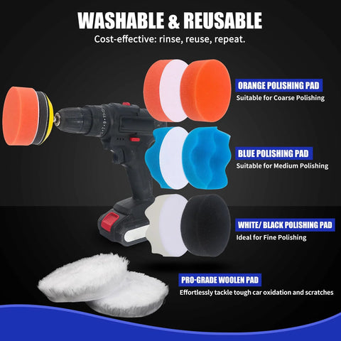 Drill polishing kit with 3-inch hook-and-loop pads: orange coarse, blue medium, white/black fine, plus white wool pad.