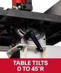 Close-up of table tilt mechanism on 14-Inch Woodworking Band Saw With 1.75 HP Dual Voltage 115/230V 1Ph black-coated cast iron table.
