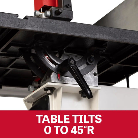Close-up of table tilt mechanism on 14-Inch Woodworking Band Saw With 1.75 HP Dual Voltage 115/230V 1Ph black-coated cast iron table.