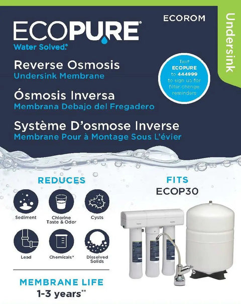 Packaging of RO Membrane Replacement For ECOP30 And Select Kenmore Brita RO Systems, showing filter features and system compatibility.