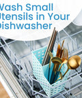 Straw And Chopstick Dishwasher Basket For Top Rack Storage with utensils in dishwasher, blue basket holding chopsticks and spoons.