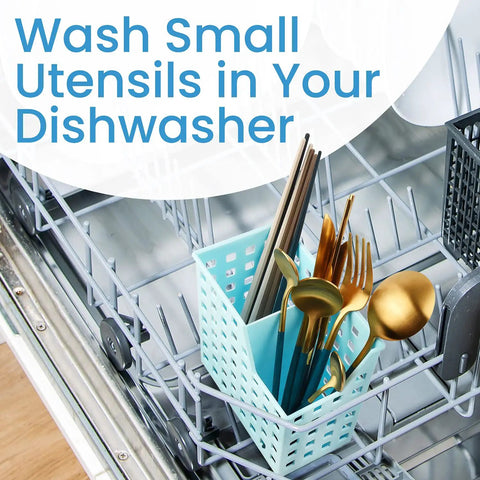 Straw And Chopstick Dishwasher Basket For Top Rack Storage with utensils in dishwasher, blue basket holding chopsticks and spoons.