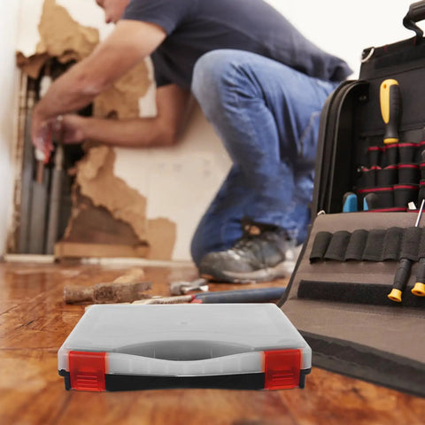 Hella Tough Plastic Parts Organizer Box With Sure Grip Handle And Chunky Dividers for maintaining hardware during home projects.