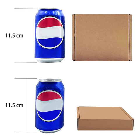 Heavy Duty 5X4X1 Small Shipping Boxes 50 Pack next to a soda can for size reference, brown corrugated cardboard mailer.
