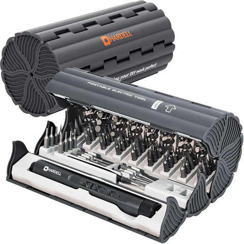 Slick Cordless Mini Electric Screwdriver Kit With 123 Precision Bits And Compact Roll Up Case showcasing bits and handheld screwdriver.