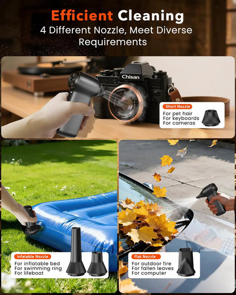 Beast Power Cordless Air Duster With 180000 RPM Turbo Airflow used on camera with interchangeable nozzles