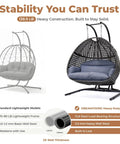 All Weather Two Person Egg Chair With Stand Cozy Oversized Wicker Hanging Loveseat Built Tough Steel Frame With Extra Thick Cushion Rain Cover Included Indoor Outdoor Patio Swing Chair Dark Grey displayed.