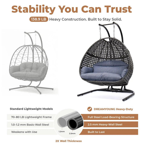 All Weather Two Person Egg Chair With Stand Cozy Oversized Wicker Hanging Loveseat Built Tough Steel Frame With Extra Thick Cushion Rain Cover Included Indoor Outdoor Patio Swing Chair Dark Grey displayed.