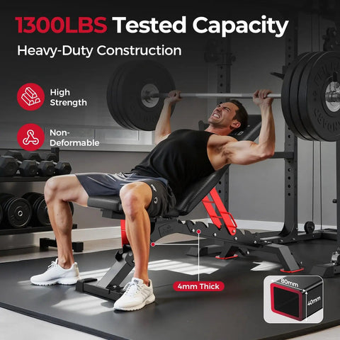 Man using Heavy Duty Adjustable Weight Bench For Home Gym 1300Lbs Capacity Flat To Incline Bench Press With 34 Inch Extra Long Backrest