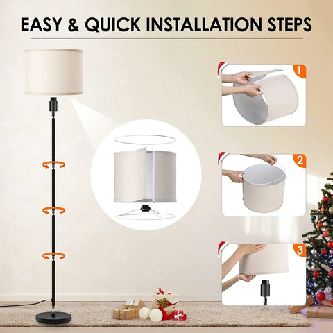 Installation steps for 58 Inch Floor Lamp Standing Bright Light with Beige Lampshade and Easy On Off Foot Pedal, shown in living room.