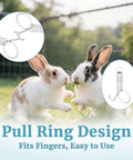 Silver metal finger spring latch hook set, 40-pack for rabbit cages and small animal doors; inset close-ups.