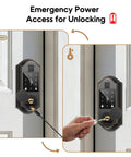 Robust As Hell Slick Fingerprint Smart Door Lock With Keypad And Touchscreen Automatic Deadbolt Oil Rubbed Bronze Finish displaying emergency power access.