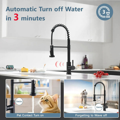 Glossy Black Touchless Kitchen Faucet With Pull Down Sprayer, Single Handle, Wave To Activate Sensor, Auto Shutoff After 3 Minutes