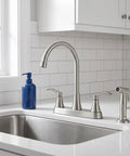 Brushed Nickel Kitchen Faucet With Sprayer And Side Sprayer 3 Hole RV Utility Touch Faucet in stainless steel setup in modern kitchen