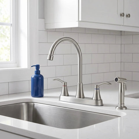 Brushed Nickel Kitchen Faucet With Sprayer And Side Sprayer 3 Hole RV Utility Touch Faucet in stainless steel setup in modern kitchen