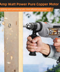 Beefy 7 Amp Hammer Drill Corded 1/2 Inch Chuck 3000 RPM Variable Speed with 10 Drill Bits drilling through wood plank