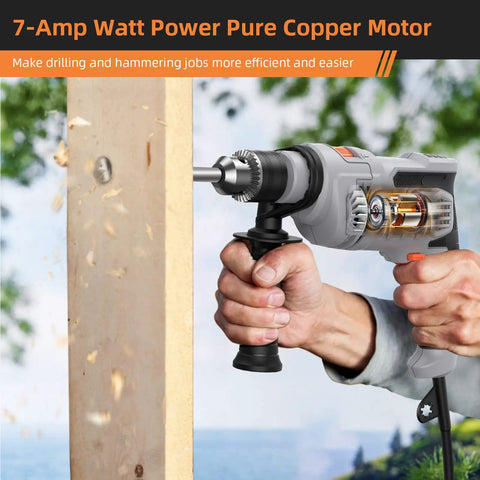 Beefy 7 Amp Hammer Drill Corded 1/2 Inch Chuck 3000 RPM Variable Speed with 10 Drill Bits drilling through wood plank