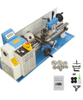 Heavy Duty 7X14 Inch Mini Metal Lathe With Variable Speed Control And Brushless Motor, shown with tools and accessories.