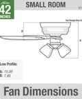 Diagram showing dimensions of 42 Inch Indoor Ceiling Fan With LED Lights And Pull Chain Kickin Low Profile Flush Mount 5 Blades Quiet Ceiling Fan For Bedroom Living Room Or Kitchen Noble Bronze Finish Model 52153.