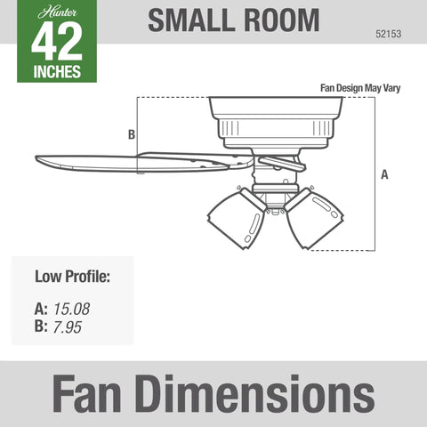 Diagram showing dimensions of 42 Inch Indoor Ceiling Fan With LED Lights And Pull Chain Kickin Low Profile Flush Mount 5 Blades Quiet Ceiling Fan For Bedroom Living Room Or Kitchen Noble Bronze Finish Model 52153.