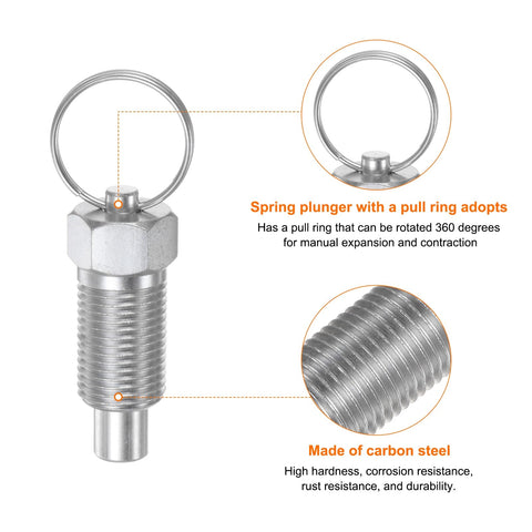 2 Pack M16 Spring Plunger Pins M16 X 1.5 Thread 0.96 Inch Body 10 Millimeter Pin Flat Head High Carbon Steel image showing pull ring and threaded detail.