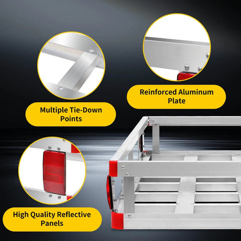 Aluminum Cargo Carrier With High Side Rails For 2 Inch Hitch Receiver Trailer Hitch Mount showing design features.