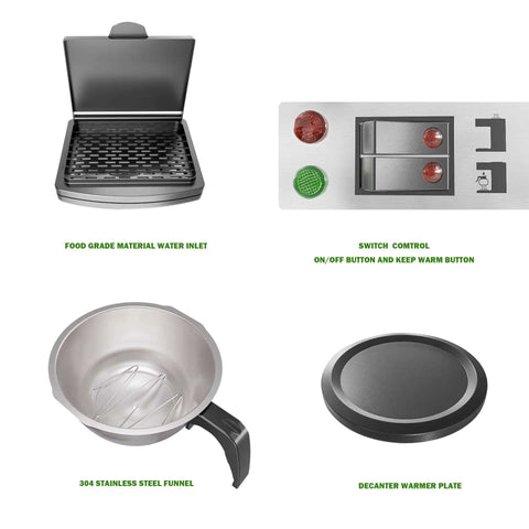 12 Cup Commercial Drip Coffee Maker With Glass Carafes And Two Warmers, food grade water inlet, control panel, stainless funnel, warmer plate.