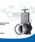 3 Inch RV Twist-On Waste Valve With Built-In Clear Adapter easy see-when-empty and gasket label