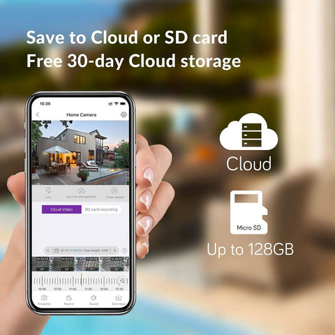 Phone displaying home security app for 2K Auto Track PTZ Outdoor Security Camera With Color Night Vision Auto Flood Lights 2 Way Audio Auto Siren IP66 Weatherproof SD Card NVR Or Cloud Storage Alexa Compatible.