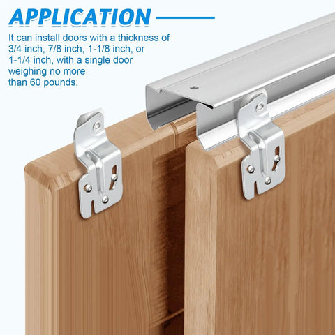 Application of 72 Inch By-Pass Closet Track Kit For Sliding Doors With Brass-Plated Pulls And Offset Rollers, showing door thickness range.