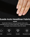 Suede headliner fabric, black, with foam backing; hand resting on material; 122x60 in; DIY tools included.