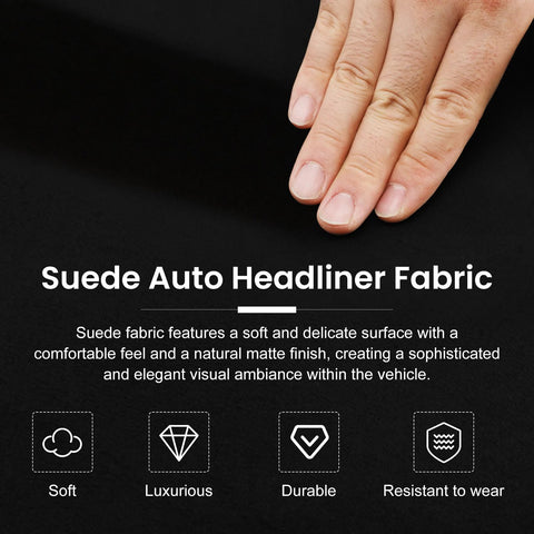 Suede headliner fabric, black, with foam backing; hand resting on material; 122x60 in; DIY tools included.